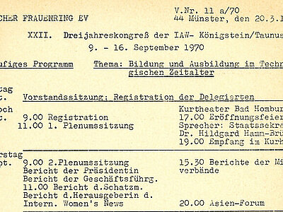 NL-K-08; 80-4, Programm zum 22. Dreijahreskongreß der International Alliance of Women (IAW) in Königstein, 1970, AddF Kassel. Rechte vorbehalten - freier Zugang.